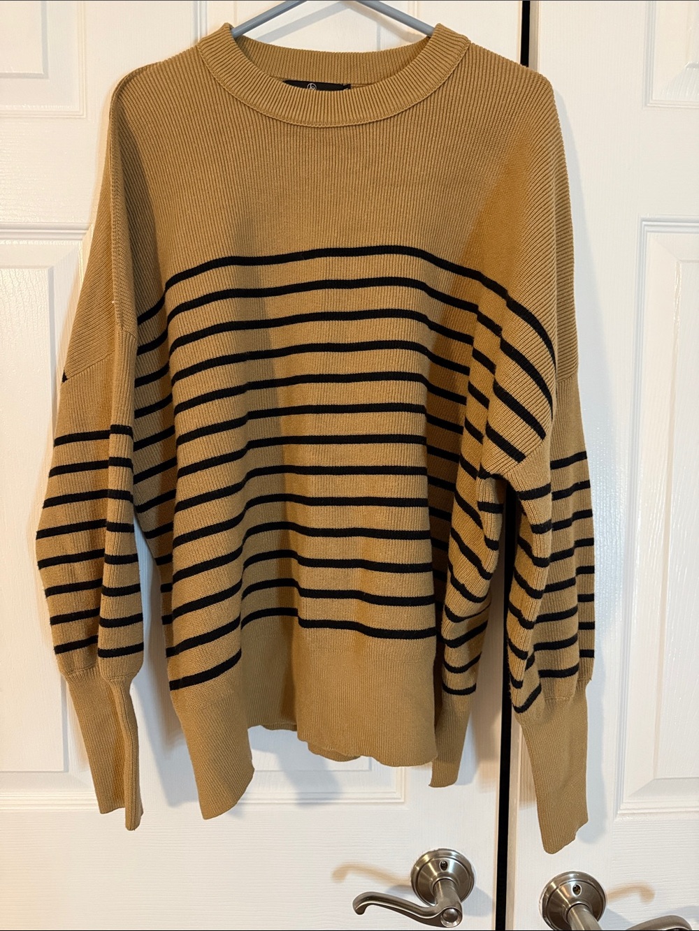 Women's Striped Crewneck Sweater - Tan with Black Stripes